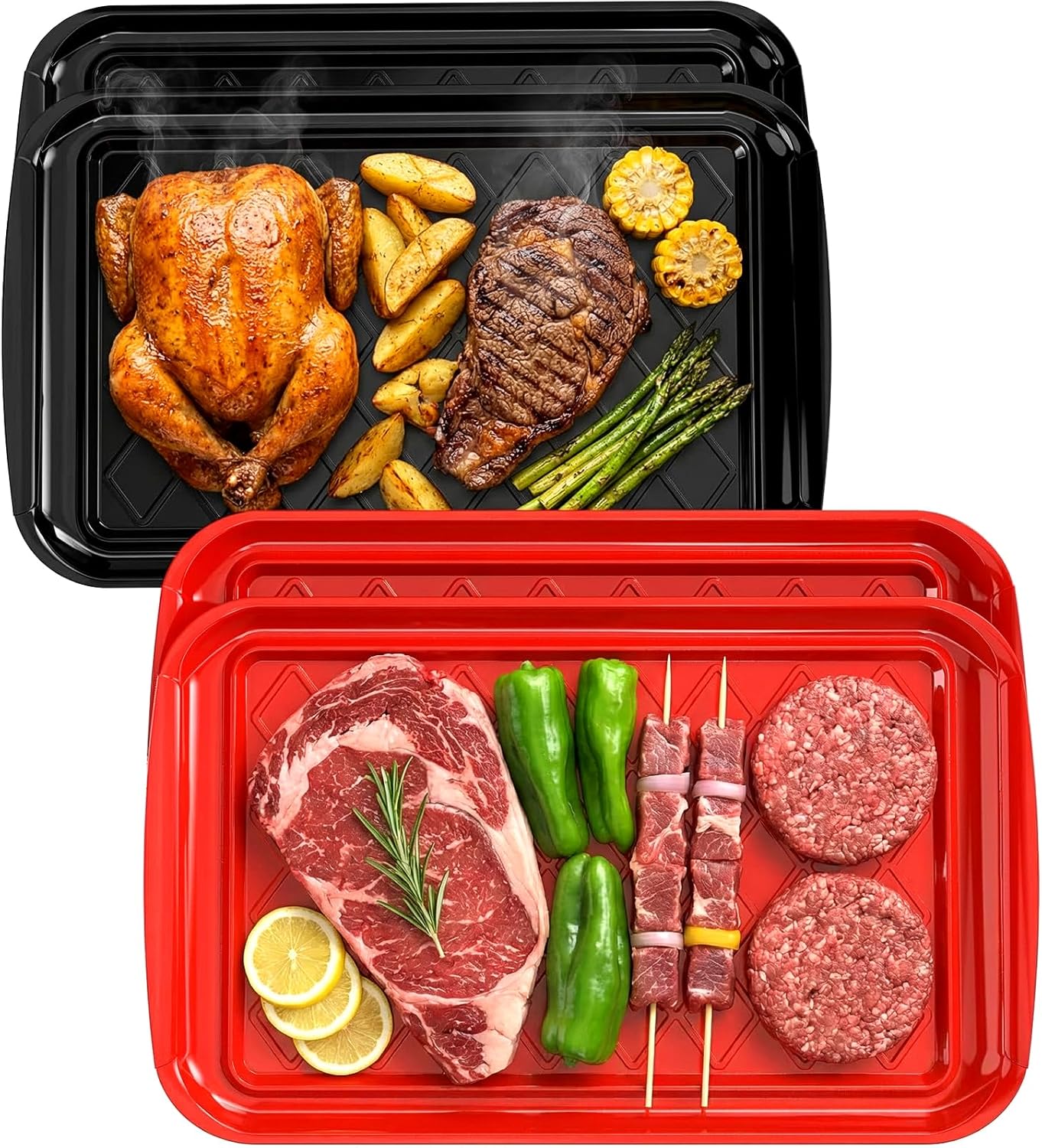 Grilling Prep & Serving Tray, Set of 2 Stackable Plastic BBQ Trays for Raw and Cooked Food, Dishwasher Safe, 17"×10.5" Outdoor Cooking, BBQ Accessories for Parties, Green & Black