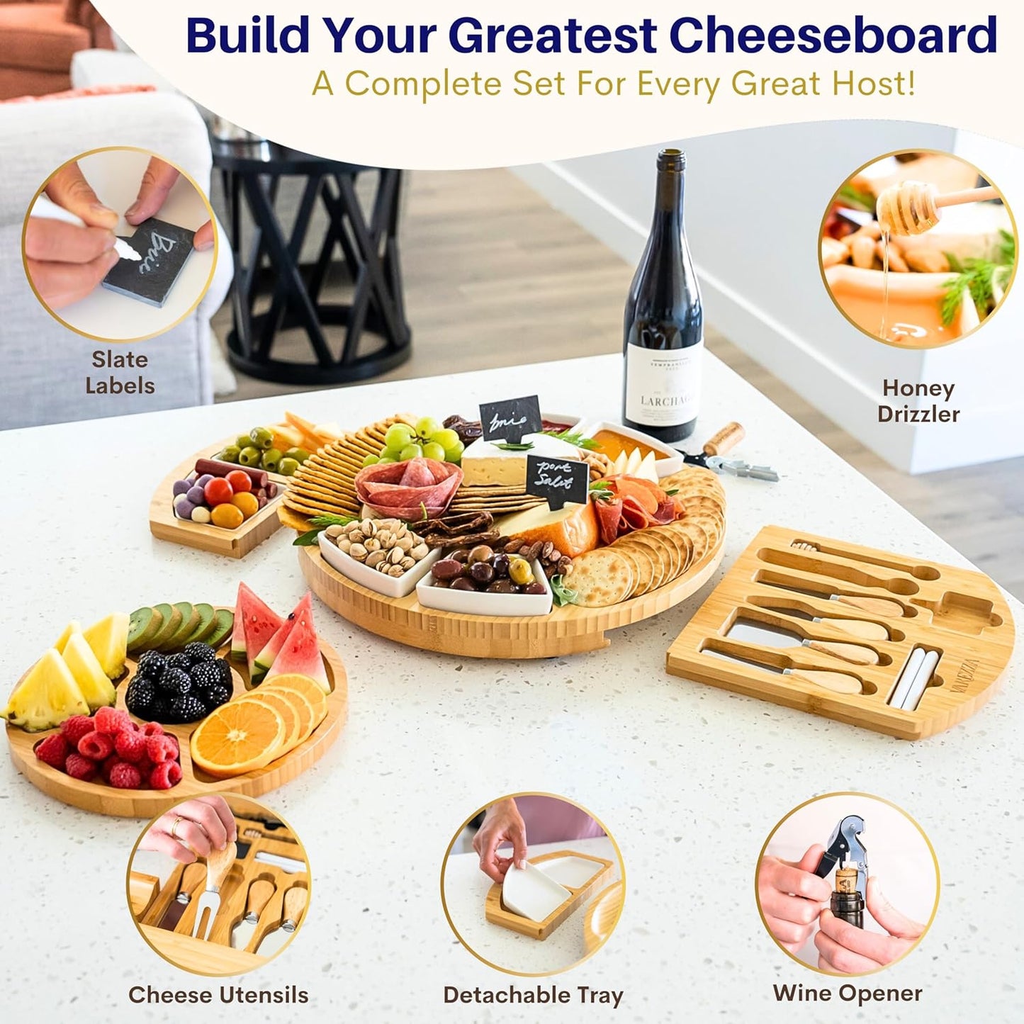 Charcuterie Boards Set – Large Bamboo Cheese Board & Platter with Charcuterie Accessories, Housewarming Gifts for New Home, Christmas, Bridal Shower, New House Gift