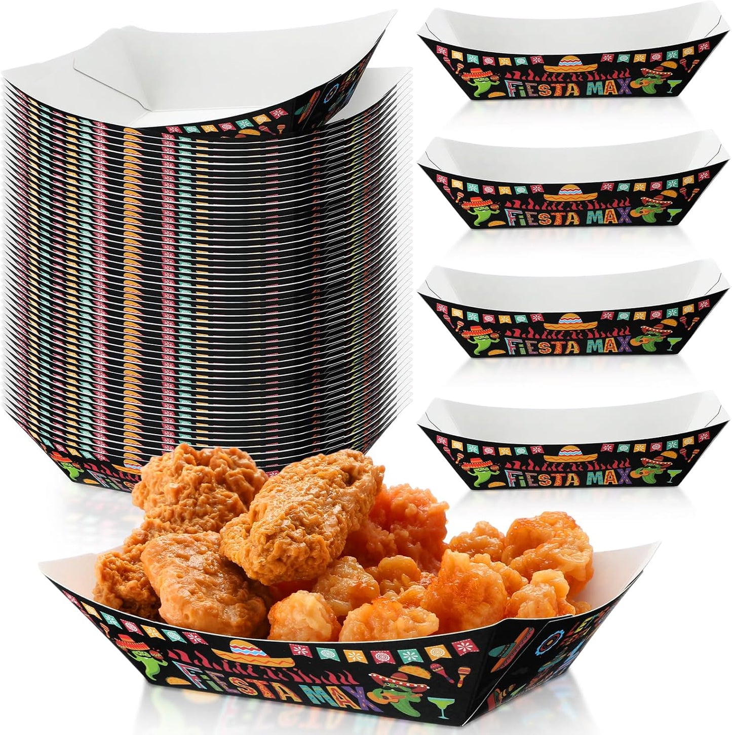 Gejoy 100 Pcs 2 lb Mexican Paper Food Trays Disposable Fiesta Nacho Trays Taco Nights Snack Boats Carnival Food Container Popcorn Holder for Festival Birthday Supplies(Classic)