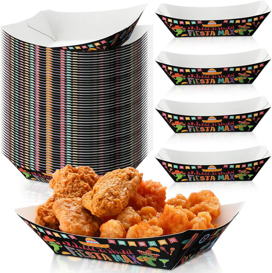 Gejoy 100 Pcs 2 lb Mexican Paper Food Trays Disposable Fiesta Nacho Trays Taco Nights Snack Boats Carnival Food Container Popcorn Holder for Festival Birthday Supplies(Classic)