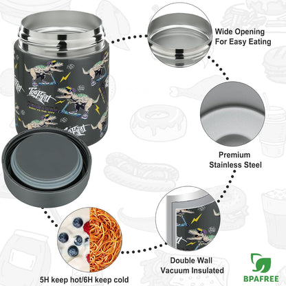 Itslife Bento Lunch Box Set for Kids with 12oz Soup Thermo&Lunch Bag, Leak-Proof Lunch Food Containers for Kids School, 5 Compartment, Sauce Cup, 10 Notes (Dinosaurs Black)