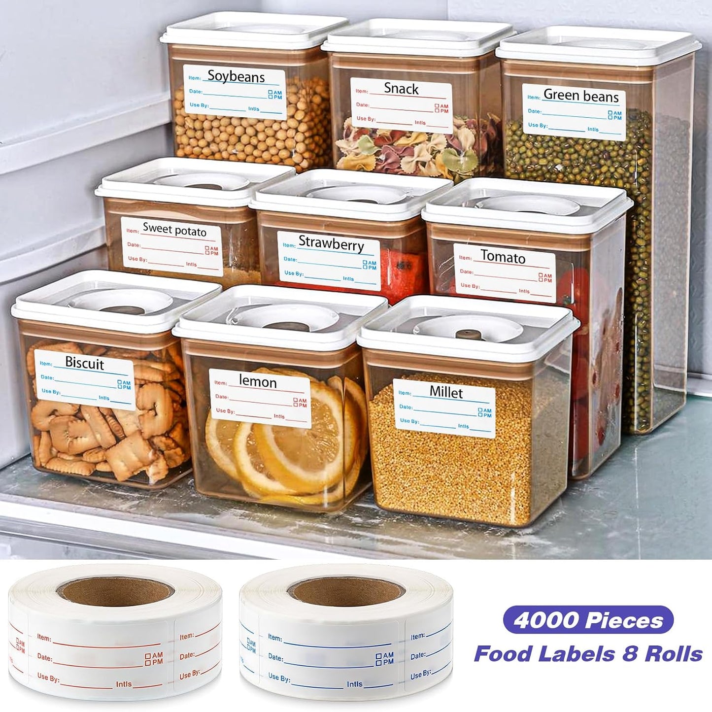 8 Rolls 4000 Pcs Removable Freezer Labels for Food Containers, 1 x 2 Inch No-Residue Food Labels Easy to Write On Foods Date Label Stickers for Kitchen Restaurants Grocery Stores Markets