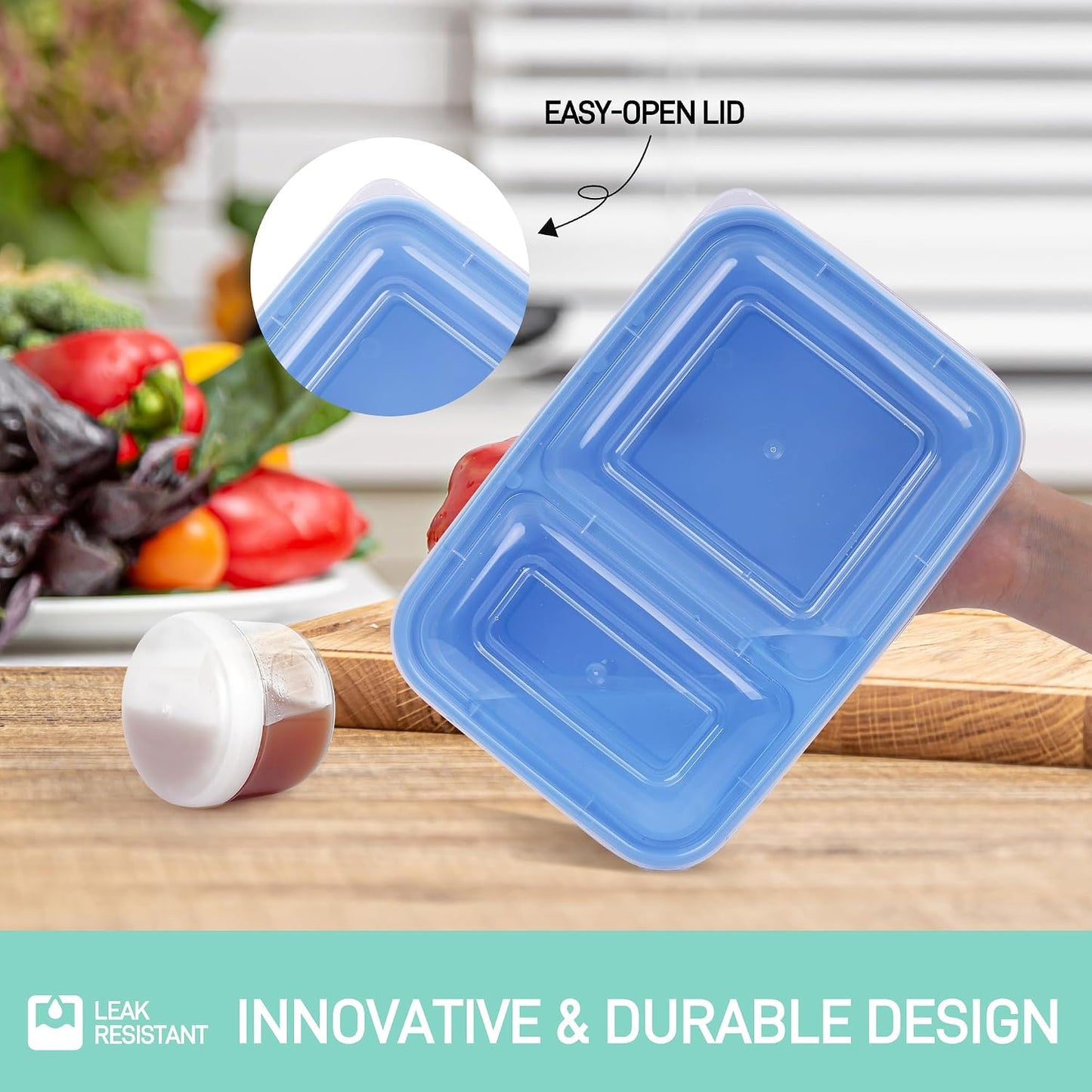 LISI 100-Piece Meal Prep Containers, 33oz Large Food Storage Containers with lids with 1, 2, 3-Compartment, Freezer Safe To-Go/Take-Out Boxes, Includes 5-Pack 2oz Dressing Cups for Take Out