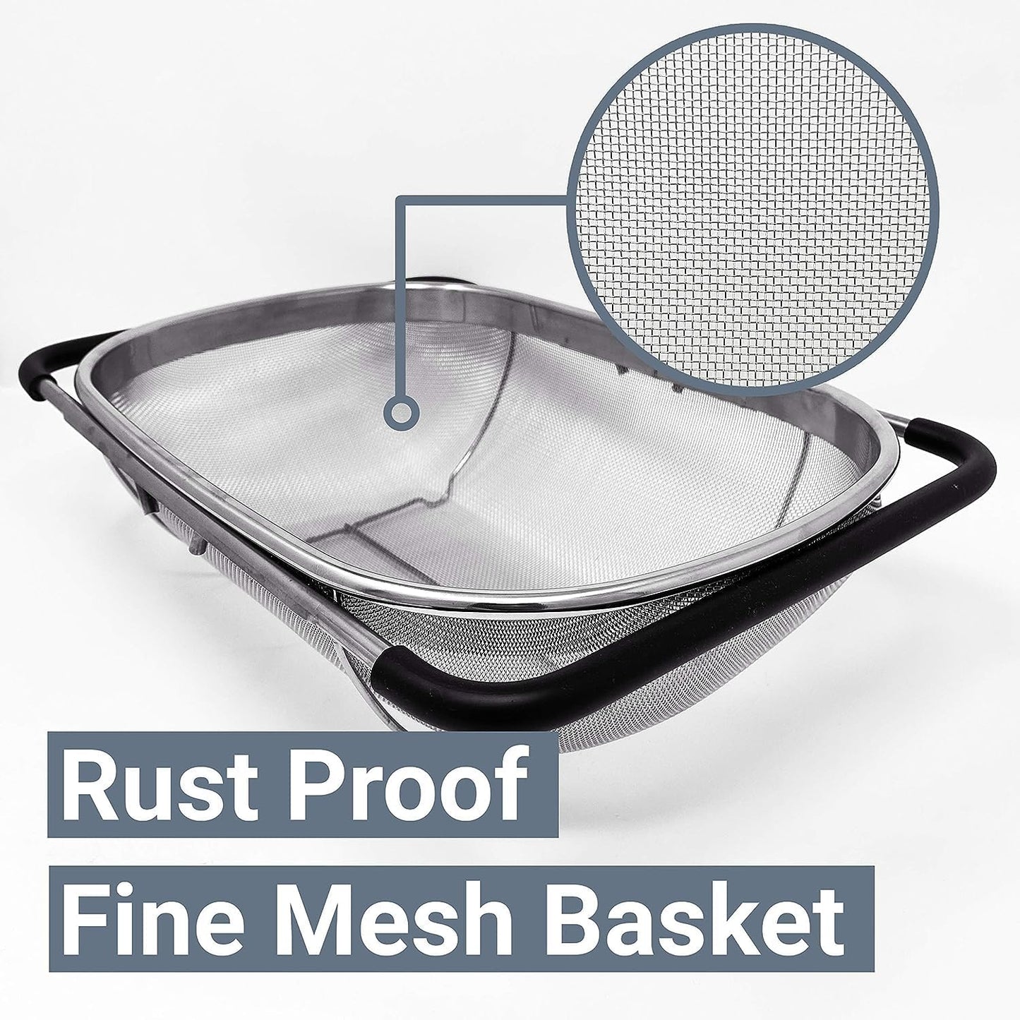 Gormery_Over The Sink Colander Strainer Basket Stainless Steel, for Kitchen Sink with Rubber Grip, Fine Mesh Stainless Steel, Large, Expandable Metal Strainer for Pasta, Food, Vegetables