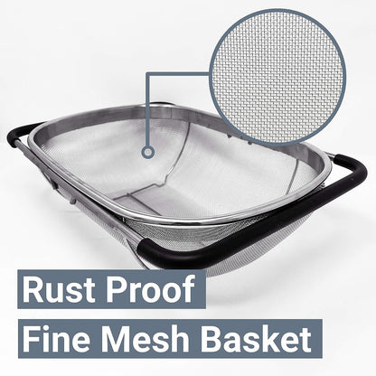Gormery_Over The Sink Colander Strainer Basket Stainless Steel, for Kitchen Sink with Rubber Grip, Fine Mesh Stainless Steel, Large, Expandable Metal Strainer for Pasta, Food, Vegetables