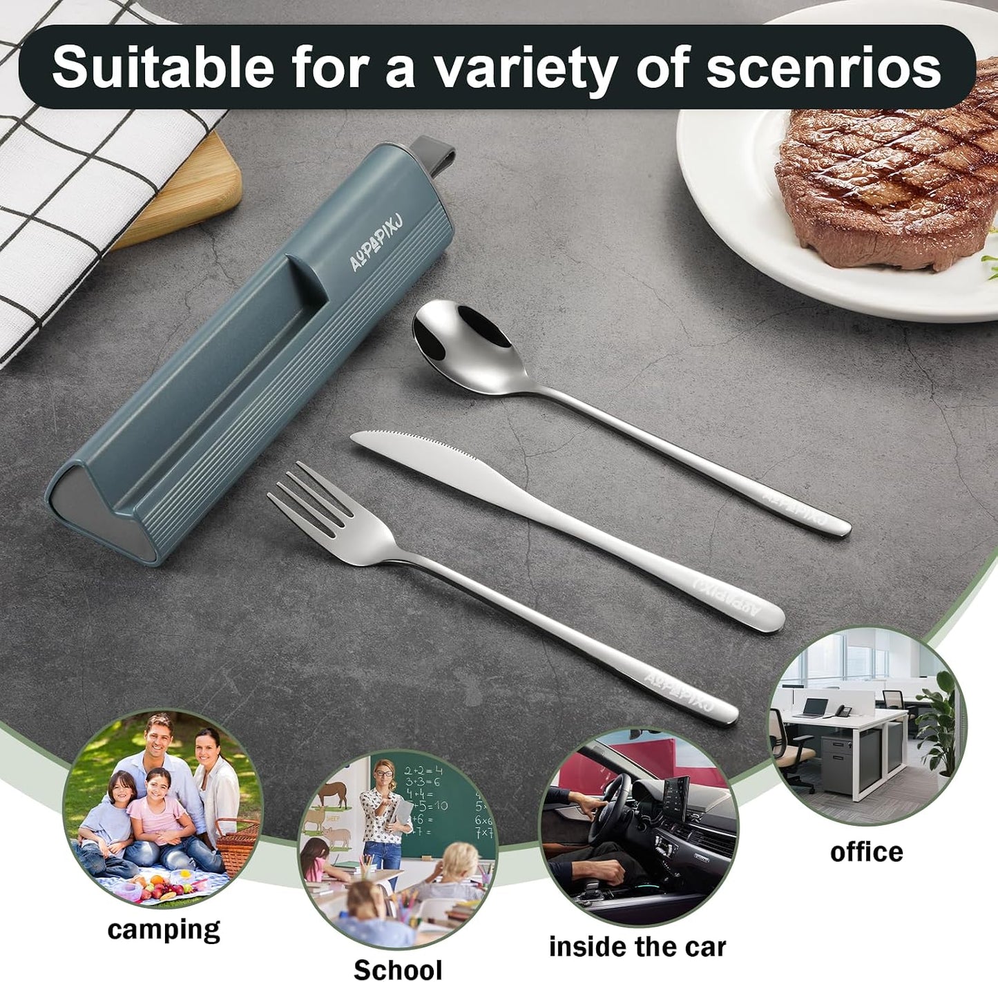 18/8 Stainless Steel Reusable Portable Utensils Set with Case & Phone Stand - Travel Flatware Kit for Office, Camping, Picnic, Outdoor Activities