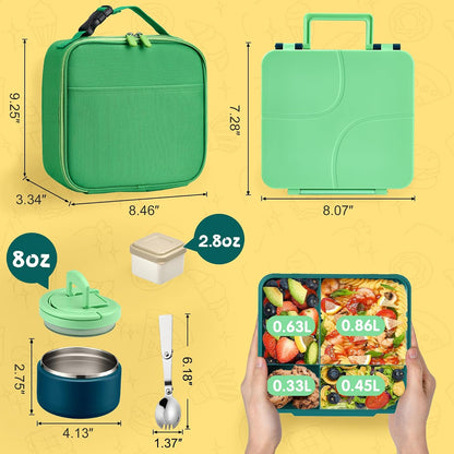 MAXSO Bento Lunch Box Set with 8 oz Soup Thermo, Kids Leakproof 4 Compartments Hot Food Container with Sauce Cup, Ice Pack and Lunch Bag, Child Insulated Food Jar for School - Black