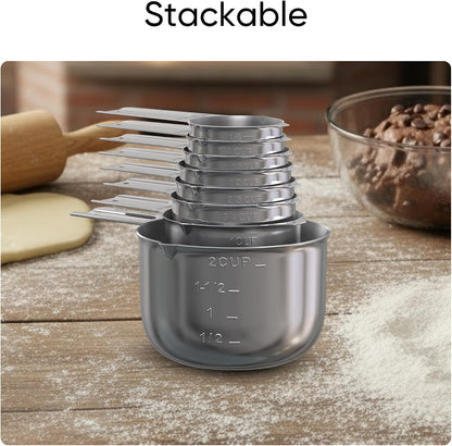 Color Up Measuring Cup Set, 8 Piece, Copper and Chrome Finish, Stainless Steel, Accurate for Wet & Dry Ingredients, Embossed Markings, Easy Pour Spouts, Dishwasher Safe, Kitchen Essential (Stainless)