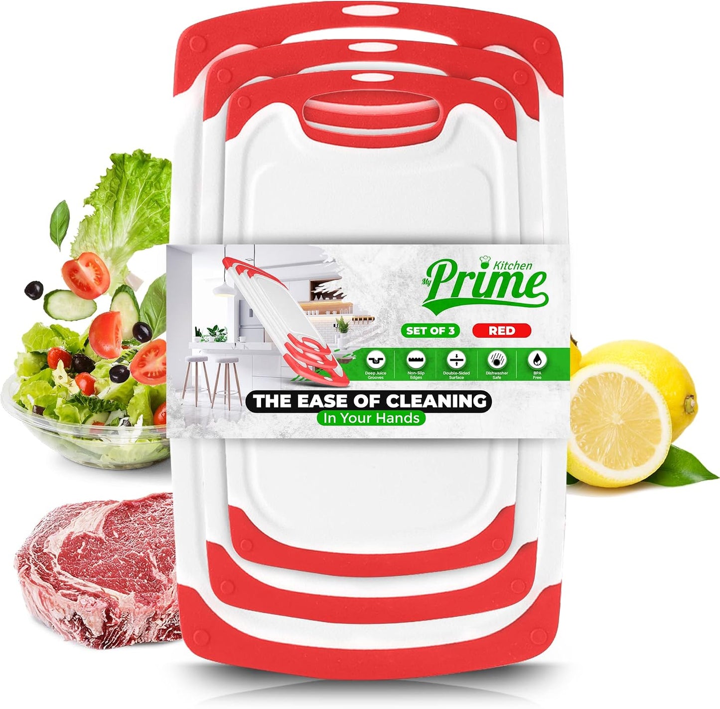 Plastic Cutting Boards for Kitchen, with Grips – Set of 3 Dishwasher-Safe, Non Slip Cutting Board with Juice Groove – Thick, Durable Cutting Boards for Meat and Vegetables by My Prime Kitchen, Black