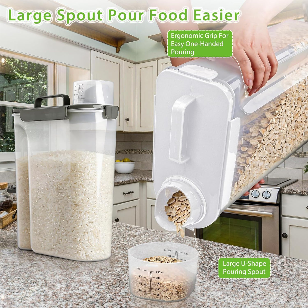 Viretec Rice Storage Container, 15 to 20lb Dry Food Airtight Dispenser, Pet Dog Cat Food Canister, BPA Free Clear Plastic Kitchen and Pantry Bin for Oatmeal, Cereal, Pasta, Flour Pack of 2 Grey