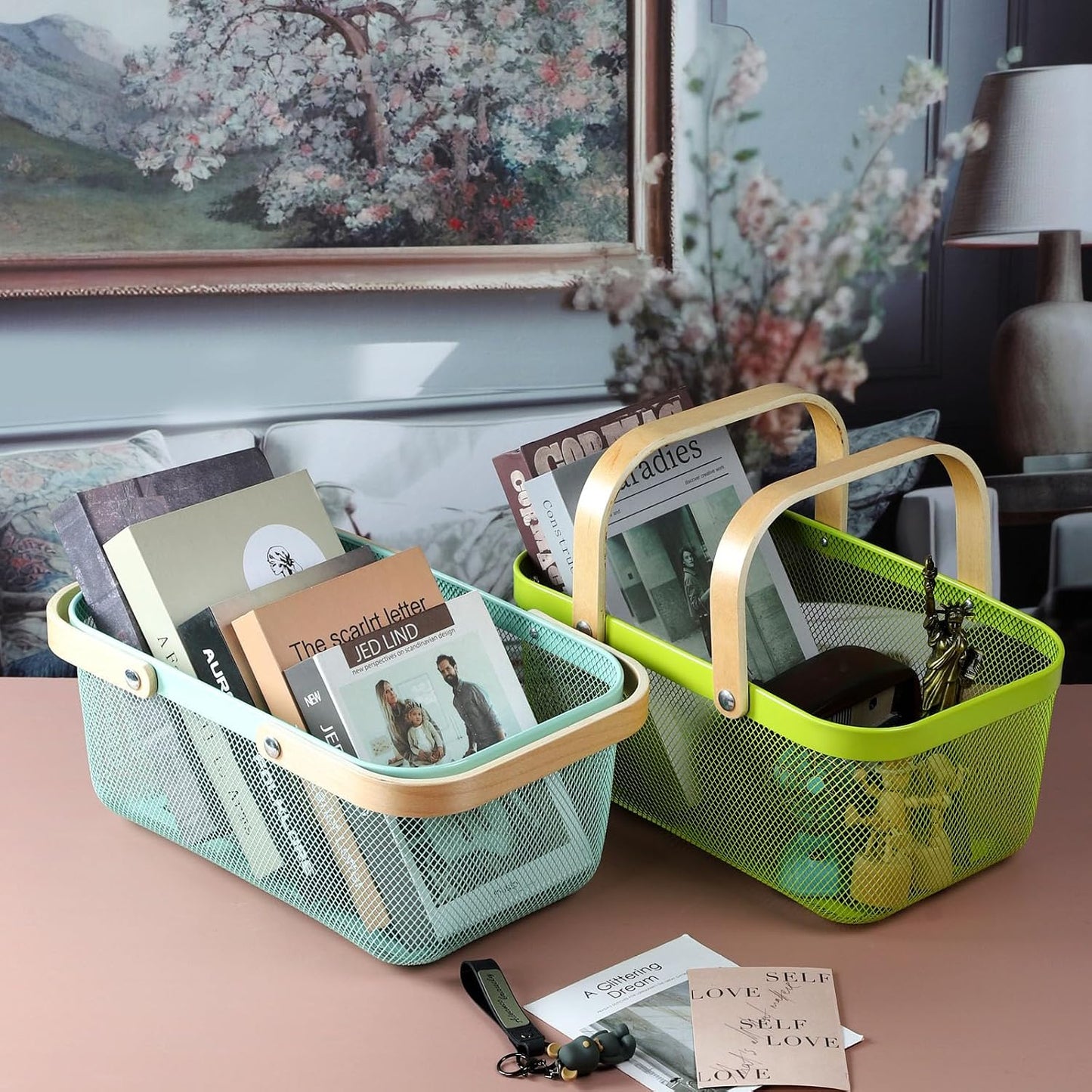 Coloful Metal Mesh Wire Basket with Foldable Wooden Handle,Bin Garden Fruit Vegetable Storage Hanging Harvest Holder for Kitchen Bathroom Picnic (Yellowish Green, Cuboid-15.7 x 9.5 x 7.2“)