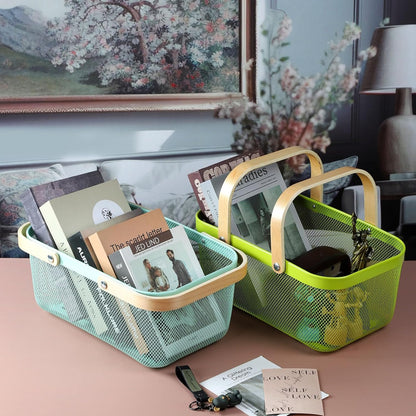 Coloful Metal Mesh Wire Basket with Foldable Wooden Handle,Bin Garden Fruit Vegetable Storage Hanging Harvest Holder for Kitchen Bathroom Picnic (Yellowish Green, Cuboid-15.7 x 9.5 x 7.2“)