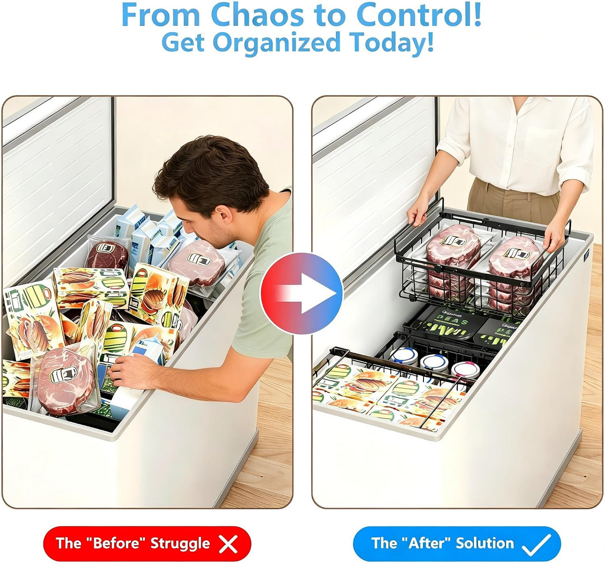 Freezer Organizer Bins, 6-Pack for Chest Freezers | Stackable & Expandable Storage Container with Handles | White Foldable Baskets for 10-20 Cu. Ft. | for Sorting Frozen Meats