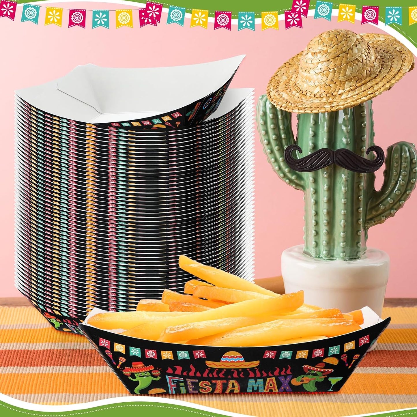 Gejoy 100 Pcs 2 lb Mexican Paper Food Trays Disposable Fiesta Nacho Trays Taco Nights Snack Boats Carnival Food Container Popcorn Holder for Festival Birthday Supplies(Classic)