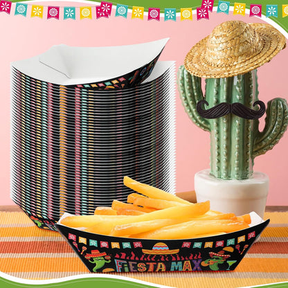 Gejoy 100 Pcs 2 lb Mexican Paper Food Trays Disposable Fiesta Nacho Trays Taco Nights Snack Boats Carnival Food Container Popcorn Holder for Festival Birthday Supplies(Classic)