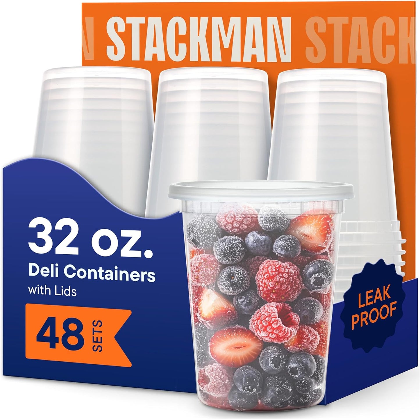 Stack Man 16 oz Deli Containers with Lids (48 Sets) – Pint Clear Plastic Food Storage Containers, Airtight Leak-Resistant Seal, BPA-Free, Microwave & Freezer Safe, Meal Prep Soup Takeout To-Go