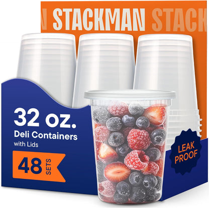 Stack Man 16 oz Deli Containers with Lids (48 Sets) – Pint Clear Plastic Food Storage Containers, Airtight Leak-Resistant Seal, BPA-Free, Microwave & Freezer Safe, Meal Prep Soup Takeout To-Go