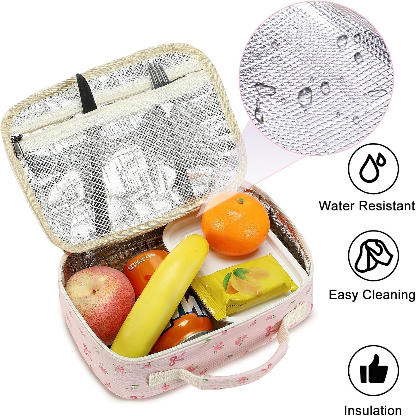 Bluboon Insulated Lunch Bag for Girls & Boys, Corduroy School Lunch Box with Cooler & Organizer Compartments, Leak-Proof Lunch Tote for School, Travel (Corduroy Strawberries Beige)