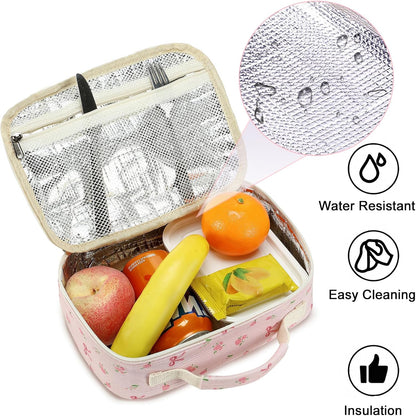 Bluboon Insulated Lunch Bag for Girls & Boys, Corduroy School Lunch Box with Cooler & Organizer Compartments, Leak-Proof Lunch Tote for School, Travel (Corduroy Strawberries Beige)