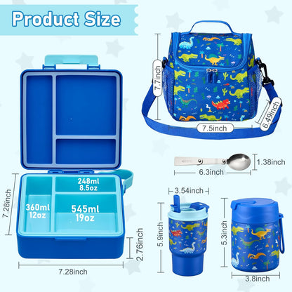 Bento Lunch Box for Kids with 17oz Soup Thermo,Insulated Tumbler Water Bottle and Insulated Lunch Bag,Leak-Proof 3 Compartment Lunch Food Container with Ice Pack for Kids to School-Horse