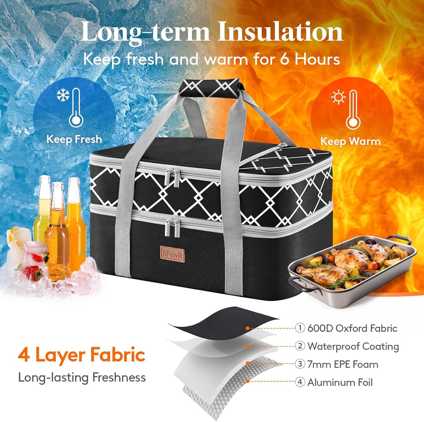 Lifewit Insulated Single Decker Casserole Carrier, Lasagna Lugger Holder for Hot or Cold Food, Fits 9" x 13" Baking Dish, Thermal Lunch Tote Bag for Potluck Parties, Picnic and Cookouts, Grey