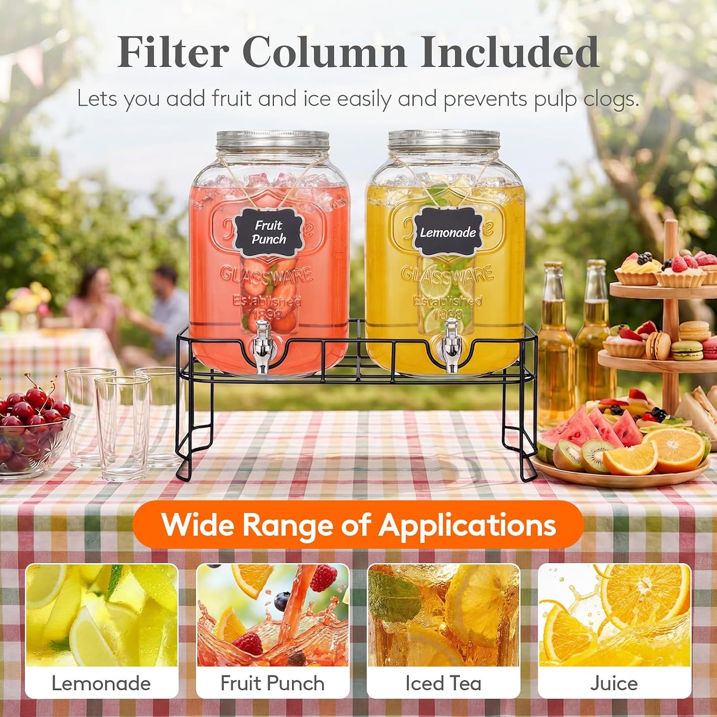 Lifewit 2 Gallon Glass Drink Dispenser for Parties, Beverage Container with Stand for Juice/Tea/Soda & Lemonade, Water Pitcher with Leakproof Spigot for Mimosa Bar, Birthday, Wedding Hosting, 2 Pcs