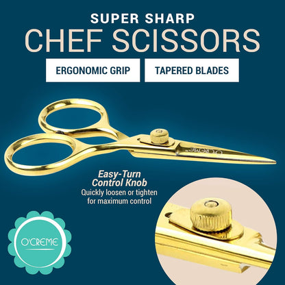 O'Creme Set of Culinary Tweezer Tongs Offset, Straight and Curved, Plus Super Sharp Chef Scissors, Total 6 Pieces (Rose Gold)
