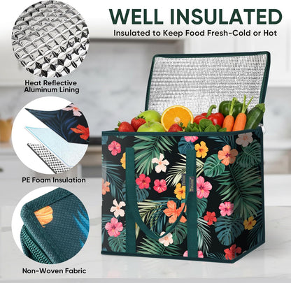 BALEINE 2Pk Insulated Reusable Grocery Bags, Collapsible Cooler Bag for Groceries, Heavy Duty Large Insulated Bag (16''x9''x13'', Antique Foliage)