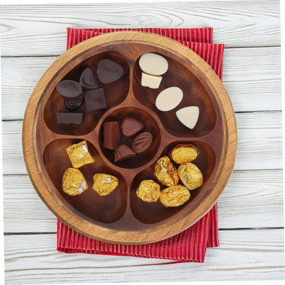 Cabilock Acacia Wood Round Snack Tray Section Serving Platter for Appetizers Fruits and Nuts Stylish Divided Design for Elegant Gatherings Easy to Clean and Maintain
