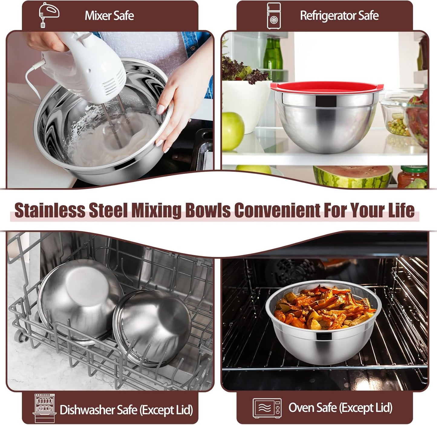 P&P CHEF Black Mixing Bowls with Lids, Set of 3, Stainless Steel Salad Nesting Bowl for Mixing, Storing, Prepping, Airtight & Stackable, Size 4.6/3 /1.5 QT