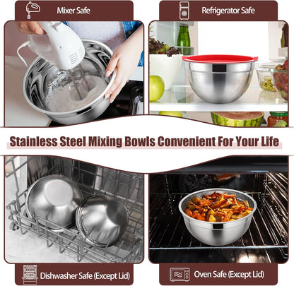 P&P CHEF Black Mixing Bowls with Lids, Set of 3, Stainless Steel Salad Nesting Bowl for Mixing, Storing, Prepping, Airtight & Stackable, Size 4.6/3 /1.5 QT