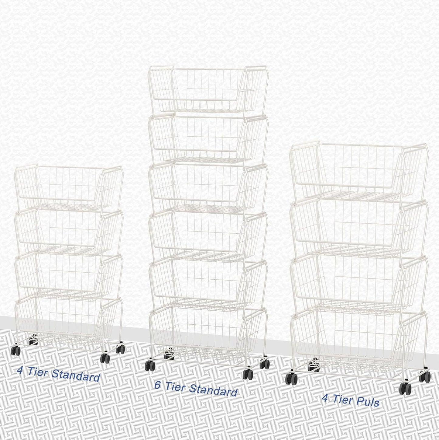 PUSDON 4-Tier Spacious Stackable Wire Storage Baskets with Wheels, Metal Rolling Utility Cart Organizer, Fruit and Vegetable Produce Basket for Kitchen Pantry, Everyday Bathroom Shelf, Silver Grey
