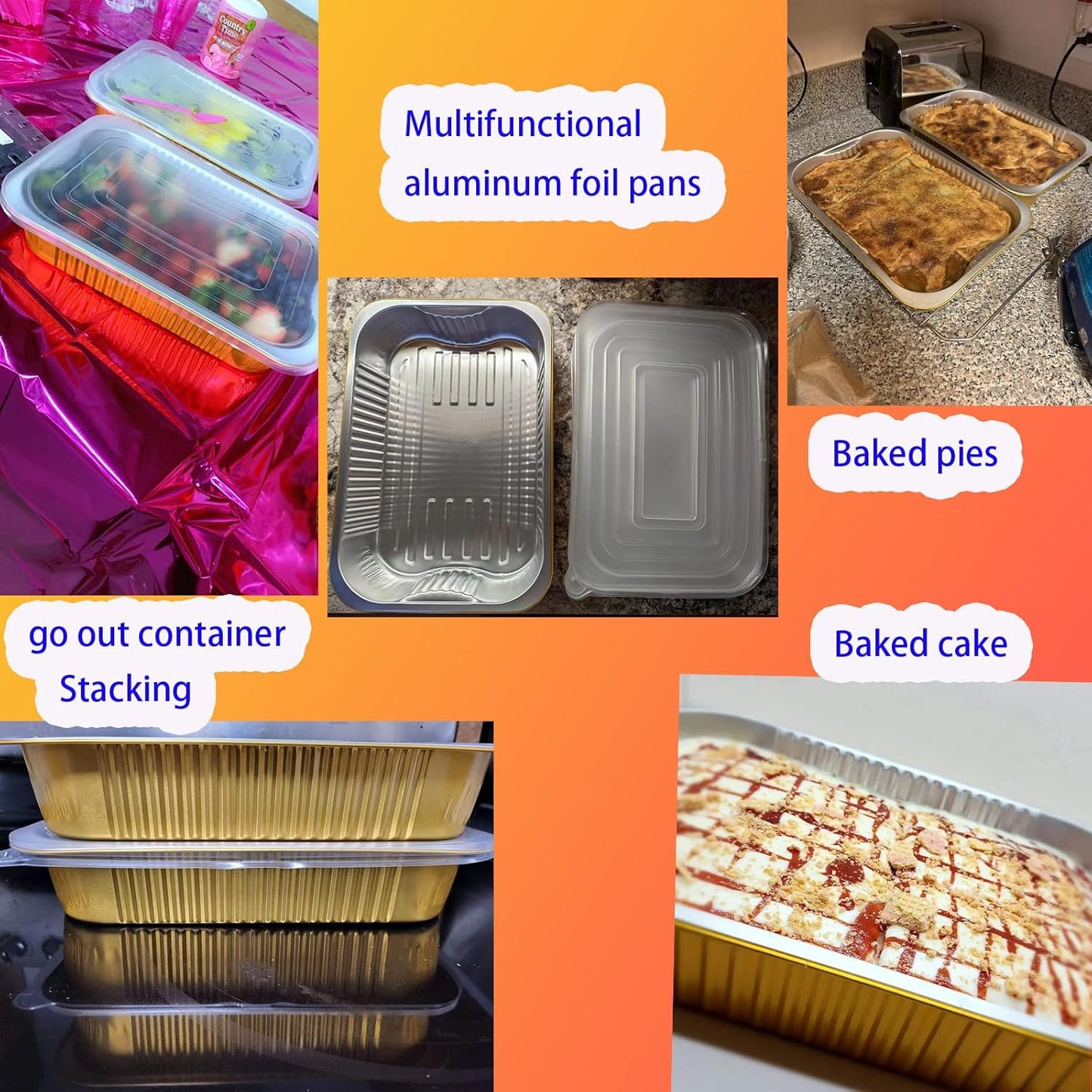 Aluminum Foil Pans with lids 10pack Heavy Duty 2LB Small foil pan 8.5"×6" Disposable, For Microwave & Oven Safe Cooking,Baking,A takeaway food container,Gold