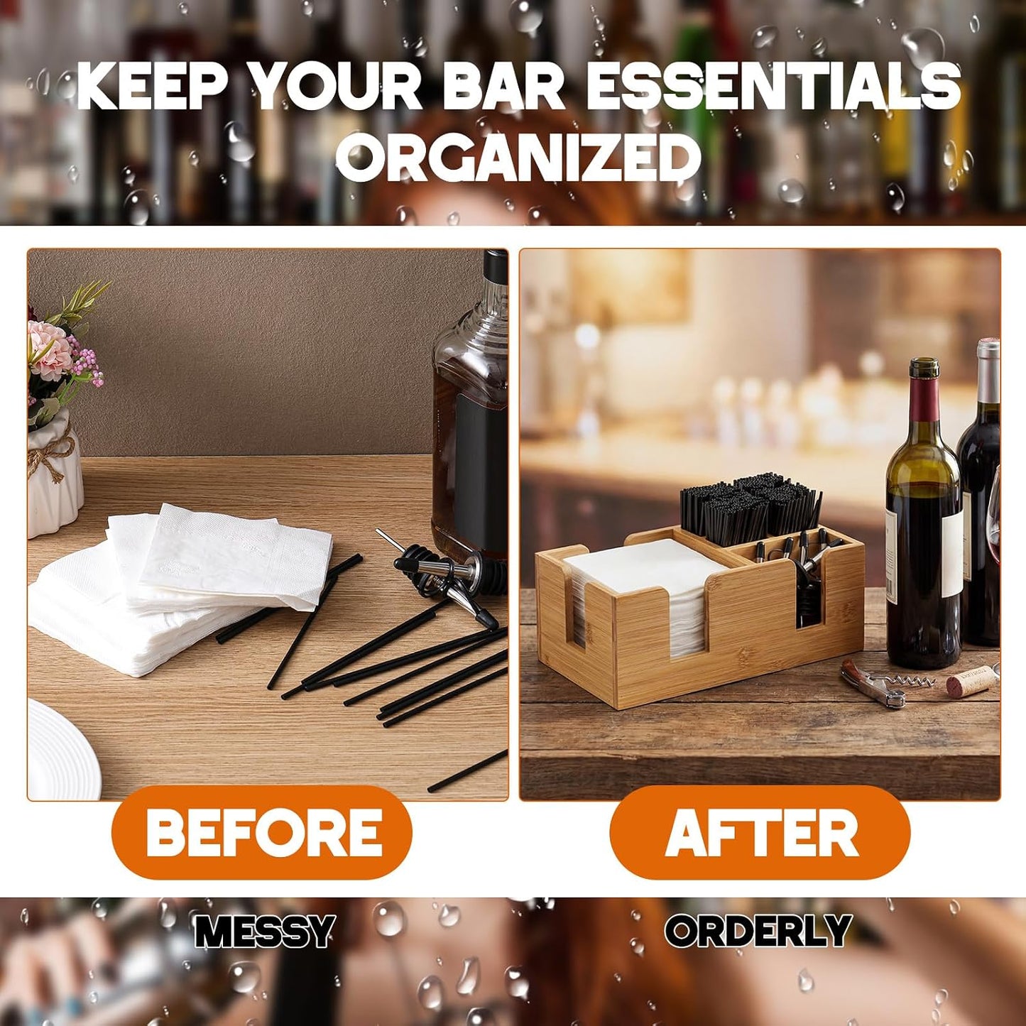 Mifoci Wooden Bar Caddy with 6 Compartments, Acacia Wood Bar Caddy Napkin & Straw Holder Organizer Cocktail Napkin Holder Condiments for Home Office Kitchen Countertop (Brown, 10.6 L x 5.5 W)