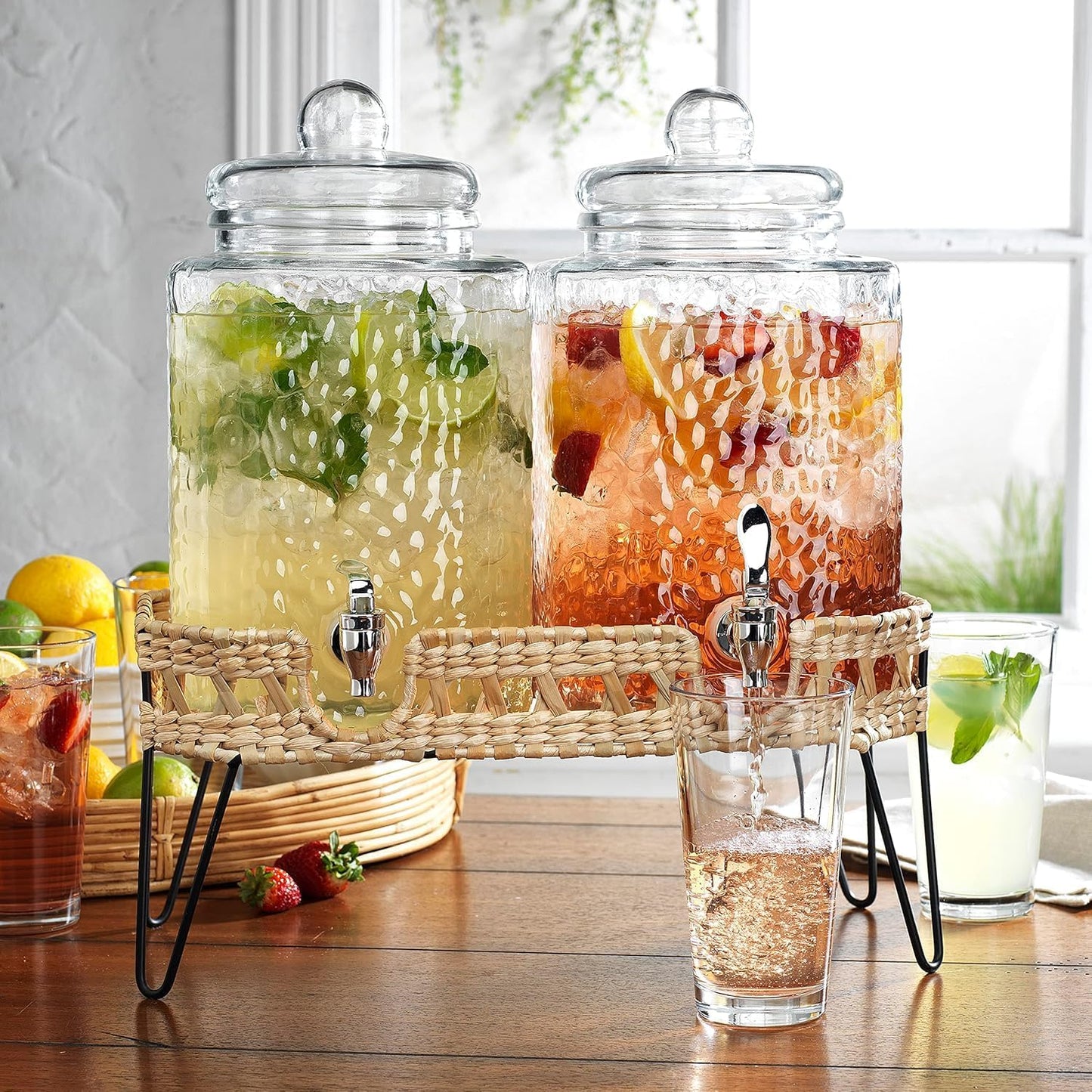 3 Gallon Glass Drink Dispenser with Metal Stand & Lid – Hammered Beverage Dispenser with Leakproof Spigot, Wide Mouth for Easy Fill – Ideal for Parties, Lemonade, Iced Tea, Sangria & More