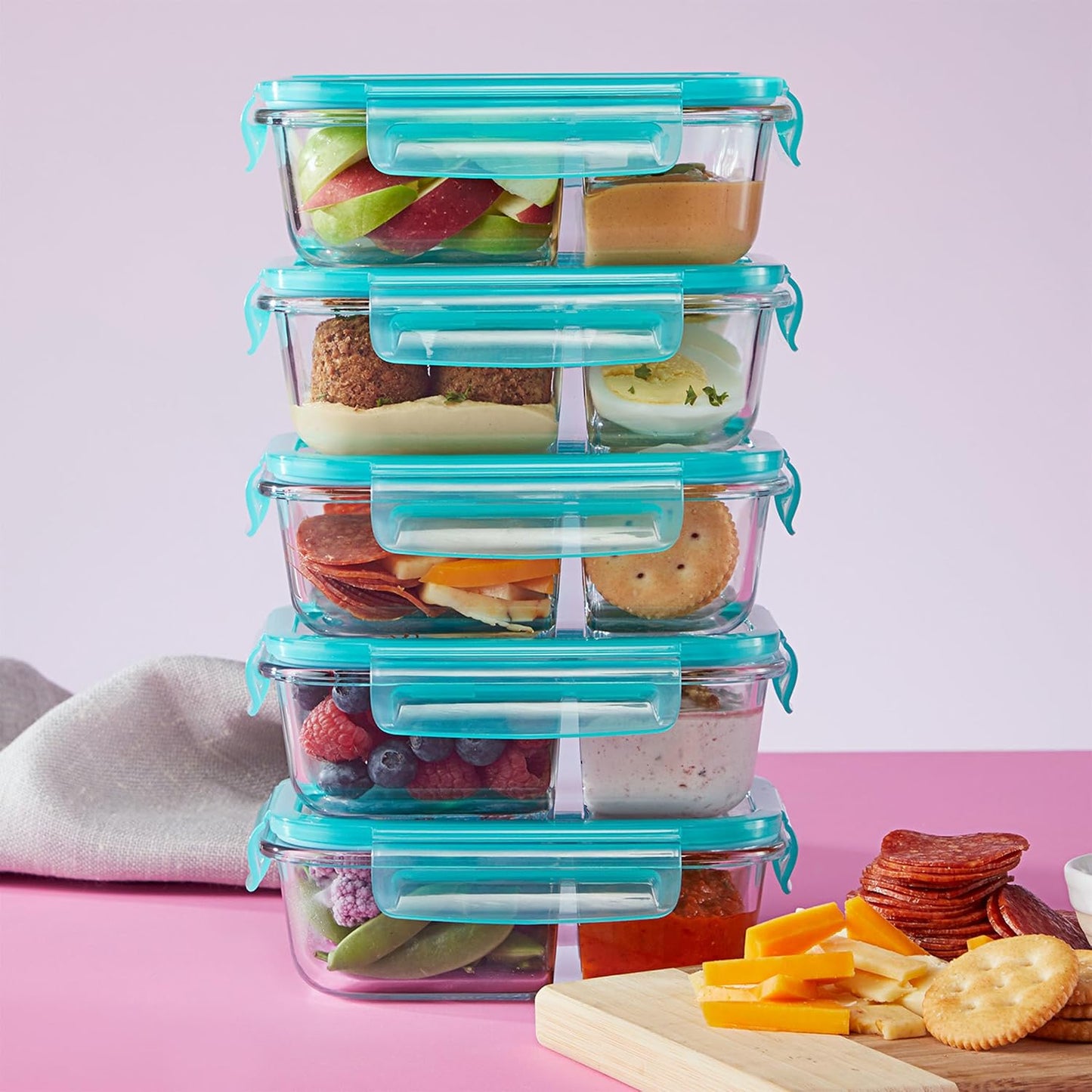 Pyrex Glass Meal Box (5-Pack, 2.3 Cup) Divided Compartments with Locking Lids, For Meal Prepping and Portioning, BPA Free Microwave Dishwasher Safe