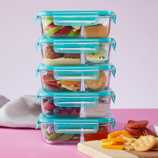 Pyrex Glass Meal Box (5-Pack, 2.3 Cup) Divided Compartments with Locking Lids, For Meal Prepping and Portioning, BPA Free Microwave Dishwasher Safe