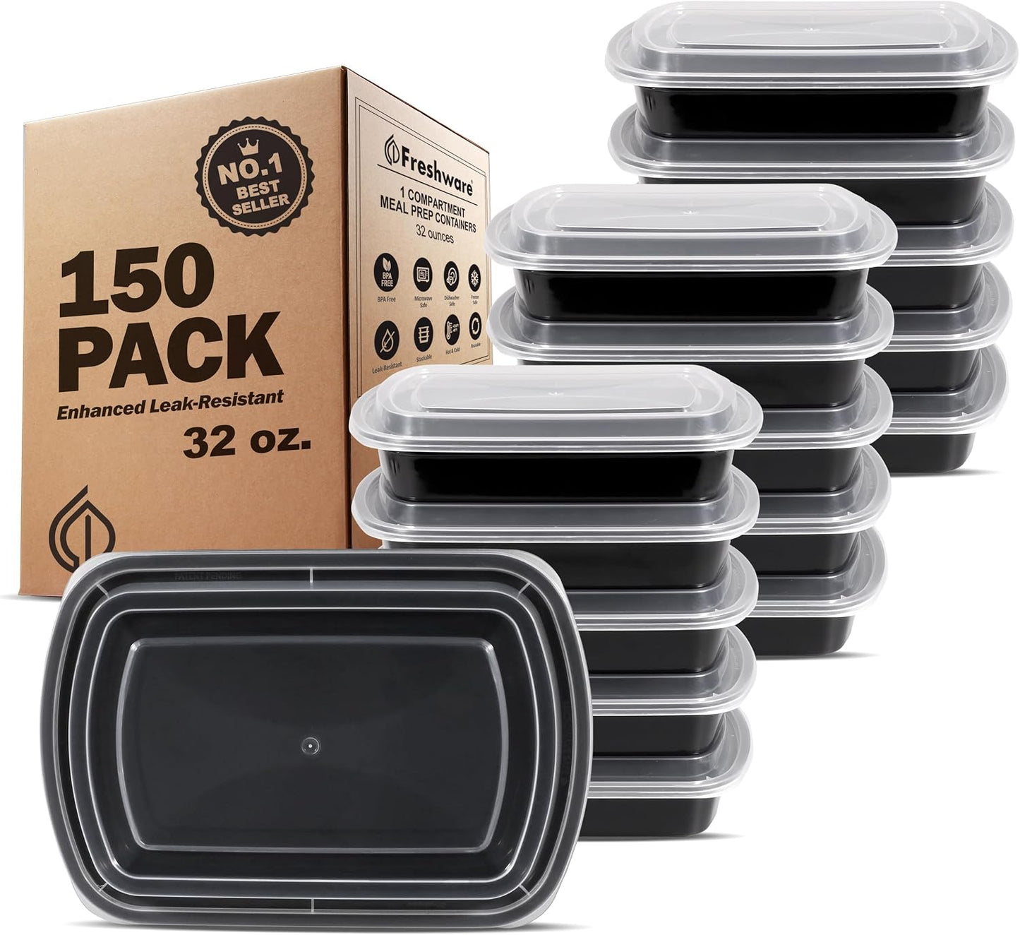 Freshware Meal Prep Containers [15 Pack] 1 Compartment Food Storage Containers with Lids, Bento Box, BPA Free, Stackable, Microwave/Dishwasher/Freezer Safe (28 oz)