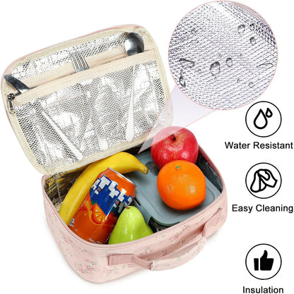 Bluboon Insulated Lunch Bag for Girls & Boys, Corduroy School Lunch Box with Cooler & Organizer Compartments, Leak-Proof Lunch Tote for School, Travel (Corduroy Strawberries Beige)