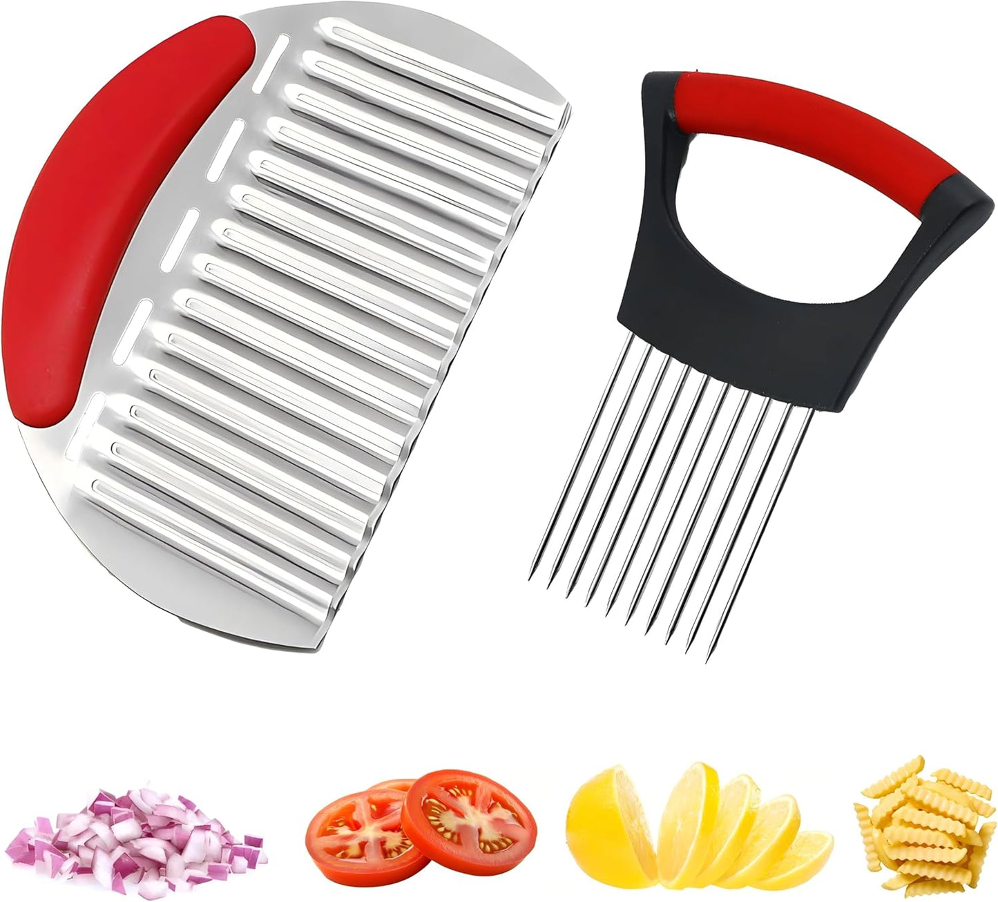 Onion Holder for Slicing – Stainless Steel Onion Cutter Guide for Even Slices, Safe Finger Protection, Vegetable Chopper & French Fry Cutter