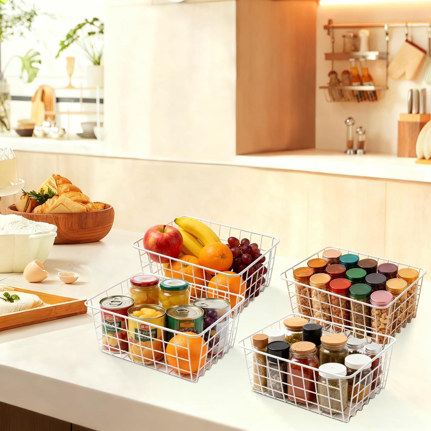 White Wire Storage Baskets,11.1"x8.7"x4.7"Wire Freezer Storage Organizer Bins Farmhouse Metal Freezer Basket with Handles for Cabinets, Pantry, Closets, Bedrooms,White,4 Pack