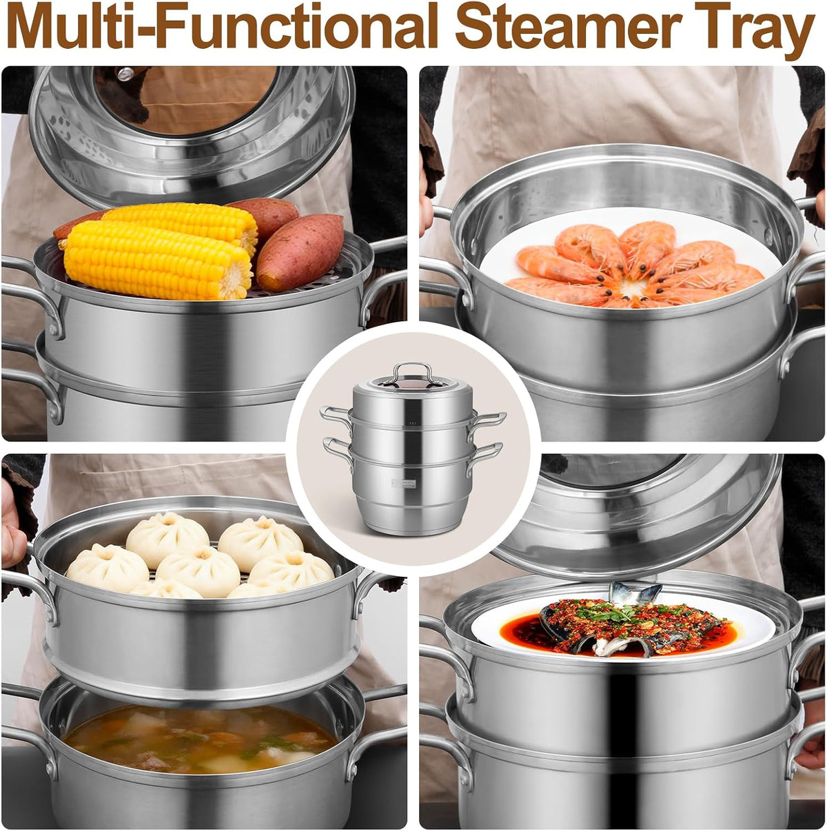 GOLDEN KEY 3.2 QT Steamer Pot With Lid - 2-Tier 18/8 Stainless Steel，Multipurpose Steaming Cookware with Vegetable Steam Basket, Oven & Dishwasher Safe, Triple Bottom for Even Heating, Perfect for Dumplings, Seafood and Vegetables