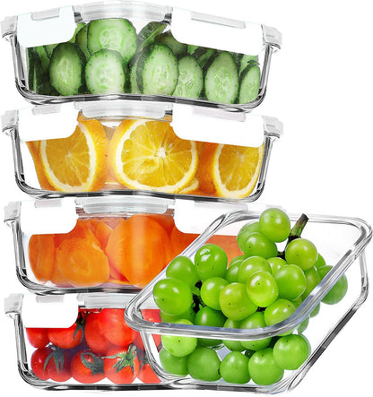 VERONES 5 Pack 36 OZ Glass Meal Prep Containers, Airtight Glass Lunch Containers Set, Glass Food Storage Containers with Lids,Exclusive of BPA, for Microwave, Oven, Freezer & Dishwasher Friendly,Grey