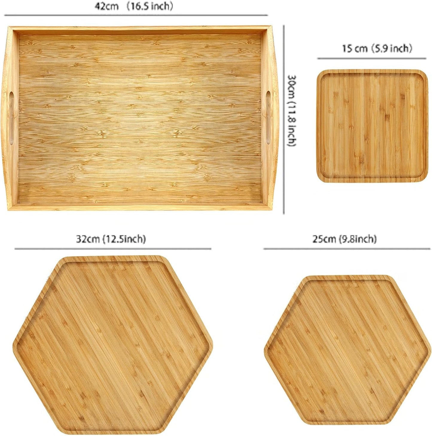 Bamboo Serving Trays Charcuterie Platter 16.5"x11.8"（42x30cm with Handle, Set Includes 1xHexagon 12.5"(32cm)+1xSquare 7.8"(20cm)+1xSquare 5.9"(15cm) Small Plates for Family Dinner