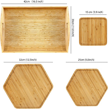 Bamboo Serving Trays Charcuterie Platter 16.5"x11.8"（42x30cm with Handle, Set Includes 1xHexagon 12.5"(32cm)+1xSquare 7.8"(20cm)+1xSquare 5.9"(15cm) Small Plates for Family Dinner