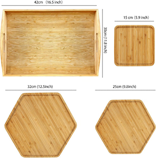 Bamboo Serving Trays Charcuterie Platter 16.5"x11.8"（42x30cm with Handle, Set Includes 1xHexagon 12.5"(32cm)+1xSquare 7.8"(20cm)+1xSquare 5.9"(15cm) Small Plates for Family Dinner