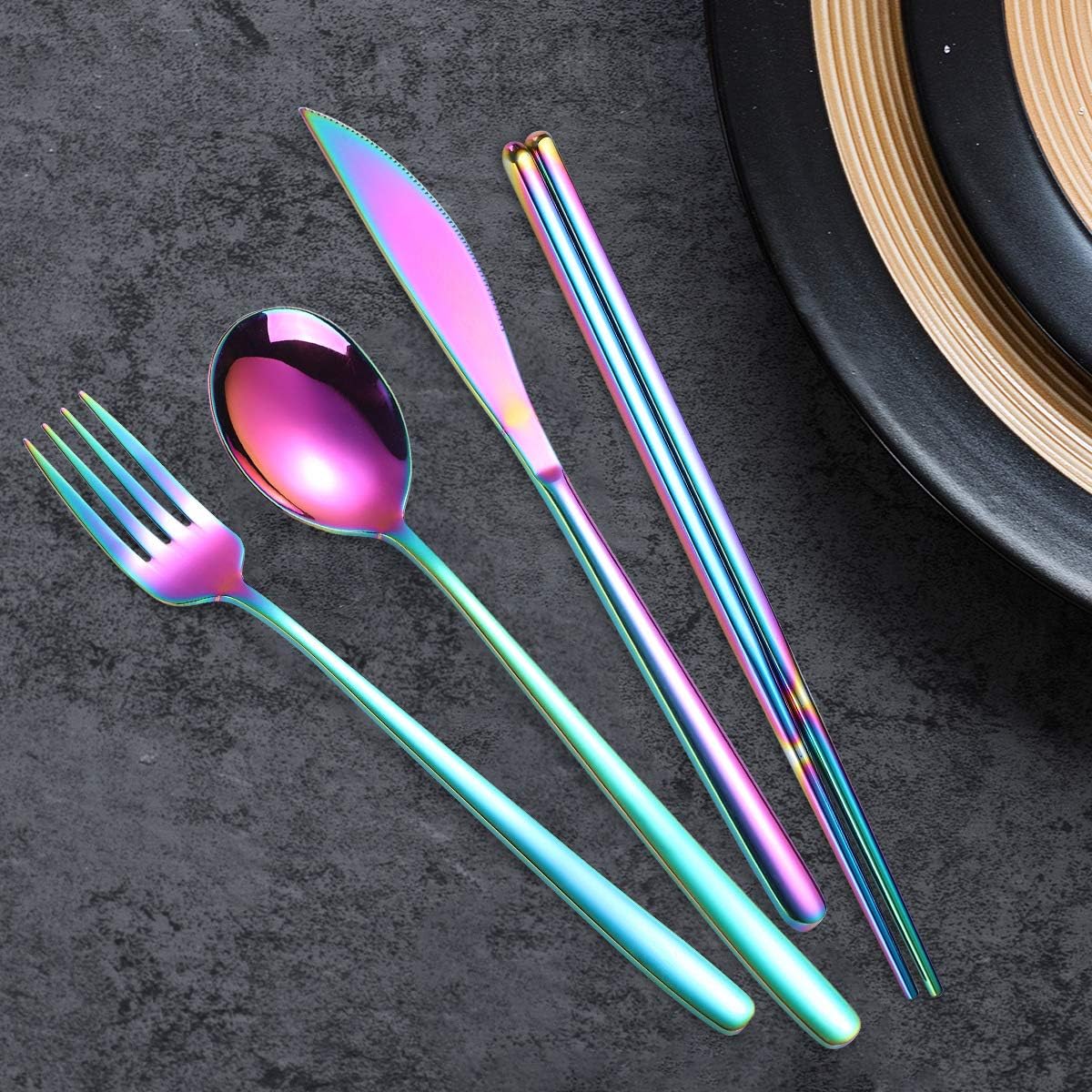 AARAINBOW 6 Pieces 18/8 Stainless Steel Flatware Set Portable Reusable Cutlery Set Travel Utensils Set Including Chopsticks Knife Fork Spoon Straws Cleaning Brush Dishwasher Safe (Green golden)