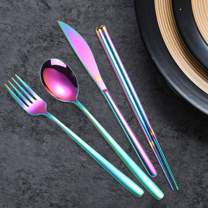 AARAINBOW 6 Pieces 18/8 Stainless Steel Flatware Set Portable Reusable Cutlery Set Travel Utensils Set Including Chopsticks Knife Fork Spoon Straws Cleaning Brush Dishwasher Safe (Green golden)
