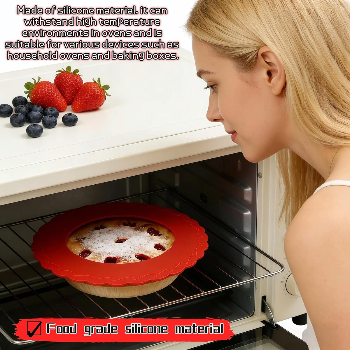 Silicone Mini Pie Crust Protectors Set of 2 - Non-Stick Pie Shields for 5-6 Inch Pies, Prevents Over-Browning | Oven-Safe Baking Accessories (Red)