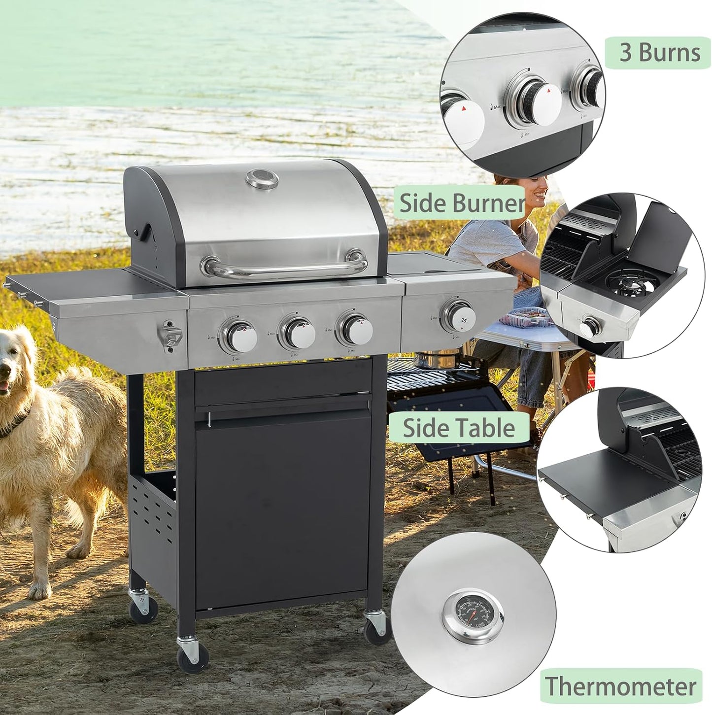4 Burner Outdoor Propane Gas Grill with Side Burner & Thermometer, Stainless Steel Barbecue Grill with Wheels for Patio BBQ Cooking, Camping